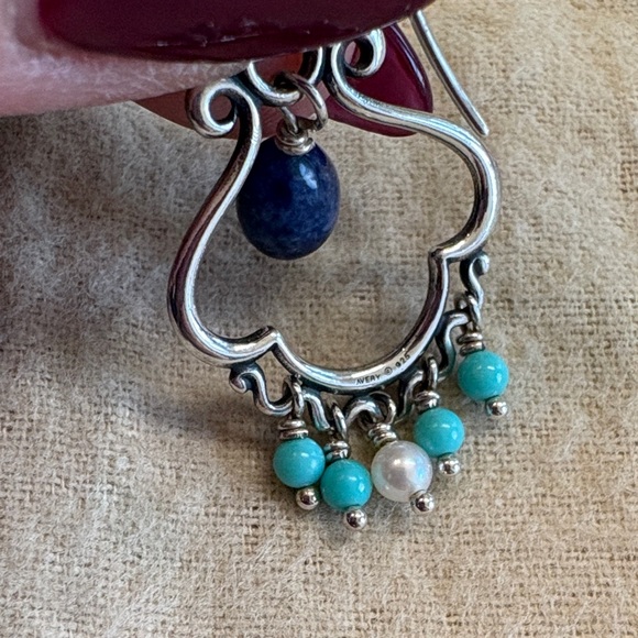 James Avery Blue Lapis, Pearl and Turquoise Dangle Ear Hooks - Picture 4 of 4